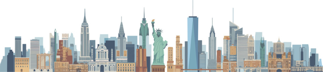 New York skyline illustration, Statue of Liberty, Empire State Building, cityscape art, urban architecture, travel destination, iconic landmarks, USA, modern, vibrant