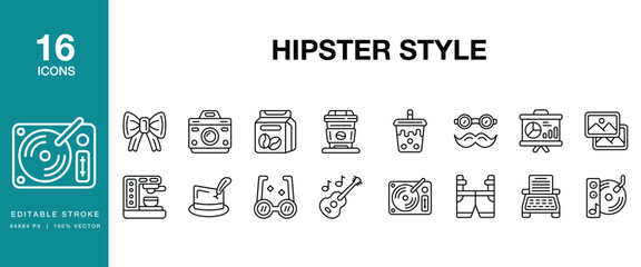 Hipster Style icon set. Includes hipster, style, vintage, retro, beard, mustache and More. Editable Stroke Icon Collection.