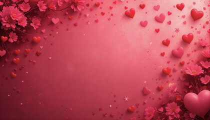 Romantyczne różowe tło z kwiatami i sercami, szablon kartki walentynkowej z miejscem na tekst