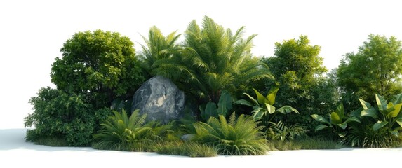 Isolated tropical plant including stone, rock, fern, bush, and tree on white background with clipping path