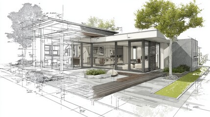 Modern architecture blueprint showing a hybrid design of a house transitioning from a detailed sketch with measurements and lines to a realistic 3d render with landscaping and trees