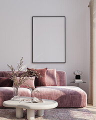 Modern Living Room Poster Frame Mockup with Natural Light and Minimalist Decoration. 3D render.