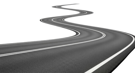 Winding asphalt road isolated PNG, perspective view with white lane markings, transportation route for travel and journey concepts