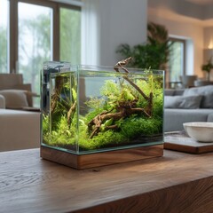 Setting up a small aquarium with plants and wood in a cozy living room during daylight hours