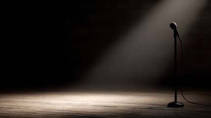 Spotlit microphone on a wooden stage, dramatic lighting, cinematic vibe, Sundance or indie film festival setting