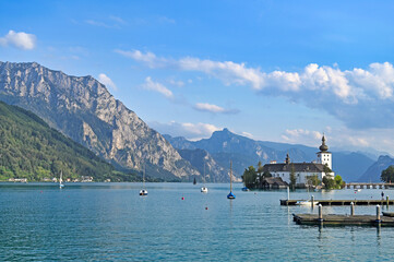 Water Castle Schloss Ort Orth on lake Traunsee in Gmunden, Austria, summertime