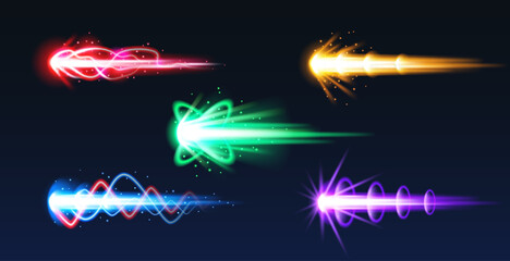 Cartoon fire blast effect with energy trails and glowing beams, isolated vector illustrations on black. Game gun effect UI design elements, comic style laser weapon with dynamic action, vibrant colors