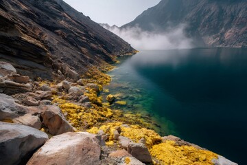 Volcano crater lake with sulfur mineral deposits