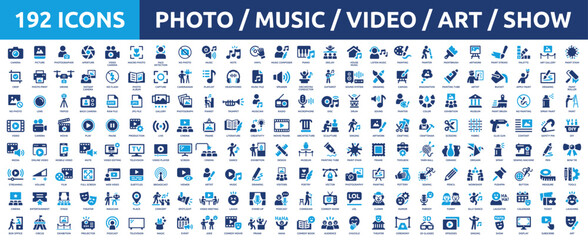 Huge set of 200 solid icons. Mega collection concept of photo, music, video, art and show. Vector illustration.