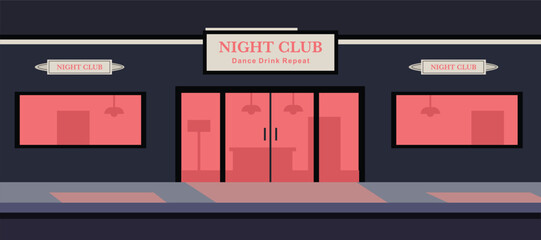 Flat Design Night Club Exterior. Discotic building. Night club building. Coffee shop. Dance club. Night building. Light city building.