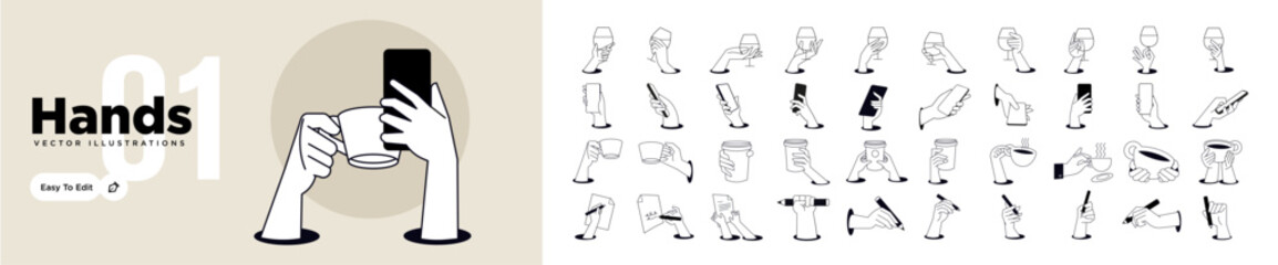 Hands illustrations. Vector concepts of hands in different activities. Creative illustrations for graphic and web design, marketing, business presentation, social media.