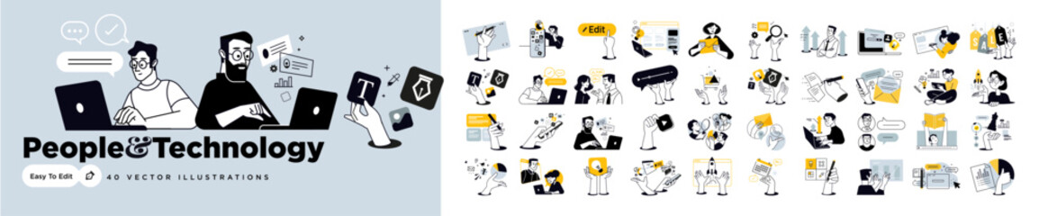 People and technology. Creative vector illustrations of business planning and strategy, management, startup, ecommerce, communication, web design and development, data analytics, social media and mark