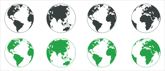Planet Earth globe vector icon set, world map illustration continents, oceans geography global concept, digital design, infographic, travel, education, vector graphic