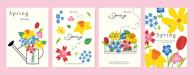 Spring Floral invitation card background vector. Minimal hand drawn botanical flowers template background. Design illustration for wedding, vip cover, poster, rsvp modern card, birthday party.