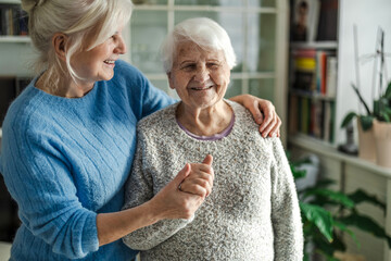 Elderly woman with her caregiver in a nursing home 