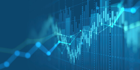 financial chart with uptrend line candlestick graph in stock market on blue color background