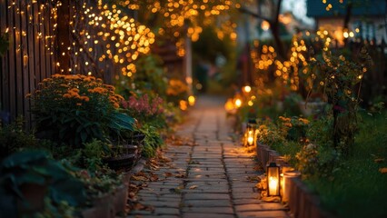A cozy garden path at dusk, lined with flowers, potted plants, and warm lanterns with twinkling fairy lights. Concept Cozy Garden Path at Dusk, Warm Lanterns and Fairy Lights, Floral Pathway Shots