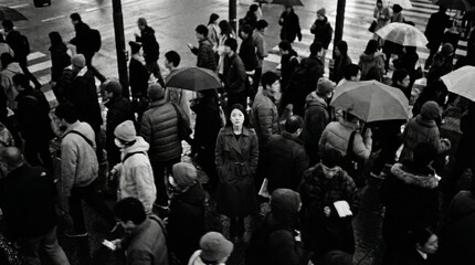 Woman in a long coat stands still and meets the viewers gaze amidst a blurred, bustling city crossing, evoking solitude, quiet individuality and urban contemplation
