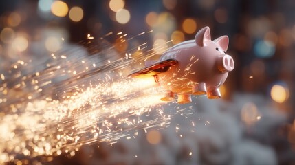 Pink piggy bank with rocket wings flying fast through sparks. Concept of rapid savings growth, fast money, or quick financial success.