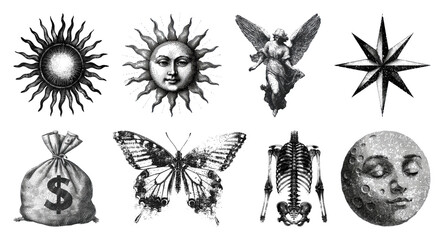 PNG Vintage celestial and mystical illustrations on transparent background