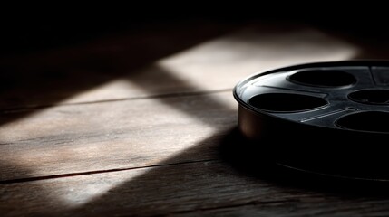 Close-up of antique film reel on wooden surface, dramatic shadows, representing Sundance Film Festival and indie cinema