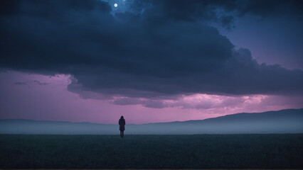 Silhueta de mulher solitária num campo ao entardecer sob céu dramático e lua cheia. Estética surreal em tons de roxo e azul.