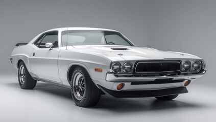 Classic white muscle car against a white backdrop
