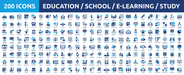 Huge set of 200 solid icons. Mega collection concept of education, school, e-learning, study, teaching. Vector illustration.