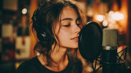 A focused female singer records vocals with headphones and a microphone in a warm-lit music studio, creating a creative intimate mood.