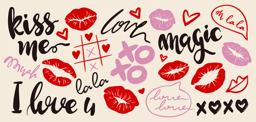 Set of romantic grunge letterings. Cute doodle stickers with red lipstick kisses, hearts, and love quotes for Valentine Day. Hand drawn vector illustration collection isolated on background