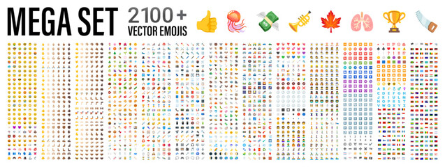 All type of emojis, stickers, emoticons flat vector symbols. All world countries flags, Hands, man, woman, workers, fruit drinks food house, animals, activity, sport icons, collection, vector emojis.