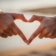 Close up of two hands forming a heart shape against a soft, blurred background, symbolizing love and connection