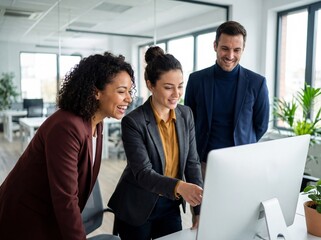 Happy diverse colleagues collaborating and pointing at computer monitor in bright modern office space