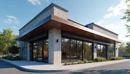 Modern commercial building exterior with large glass windows and stone facade. Trees and green bushes surround the structure. Clear blue sky above.