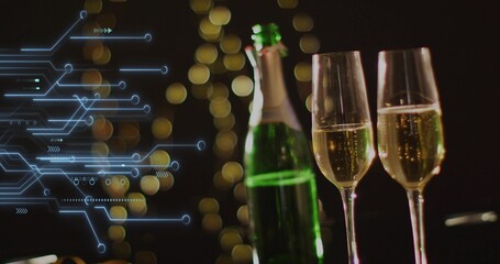 Showing green bottle, two flutes bubbling on bar table, lights bokeh, blue overlay, copy space