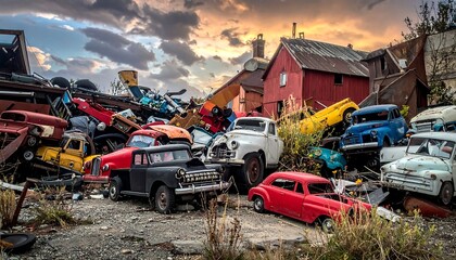 A sprawling automotive graveyard showcases a diverse assortment of classic cars in various states of disrepair, under a dramatic sky