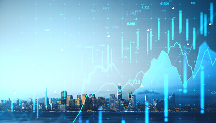 Financial graph overlay on cityscape with glowing data bars and rising analytics on blue gradient background representing global market trends.