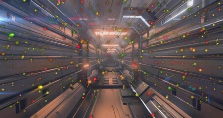 Streaming metal corridor converging inward in sci-fi hall, with linear lights and particles