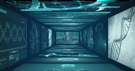 Blue lights are illuminating futuristic corridor with digital displays