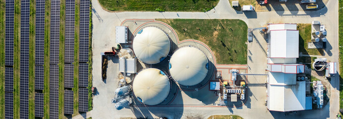 Aerial view of biogas plant for biomethane production