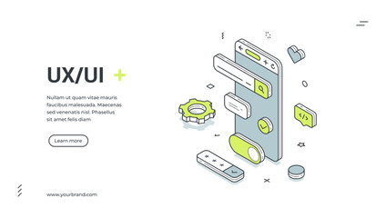 UX UI design web banner. Isometric template for a landing page on user experience. Vector illustration with a smartphone and interface elements for app development and prototyping