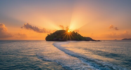 Brilliant dusk sky casting light on tropical island and sea