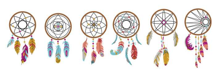 dream catcher and feather isolated on white background set 