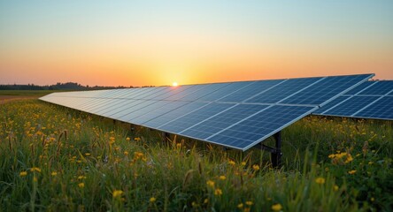 Innovative solar panels generating green energy in natural fields at sunset with copy space