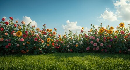 Lush summer garden featuring vibrant flowers and a green grass lawn forming a charming nature backdrop