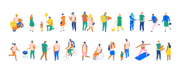 Wide panoramic isometric banner of city people in daily life: walking, cycling, delivery, fitness, yoga, shopping, teamwork, and modern social lifestyle.