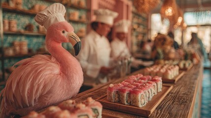 A bright, modern sushi bar. A pink flamingo wearing a tall chef's hat is standing behind the counter, delicately preparing sushi rolls.