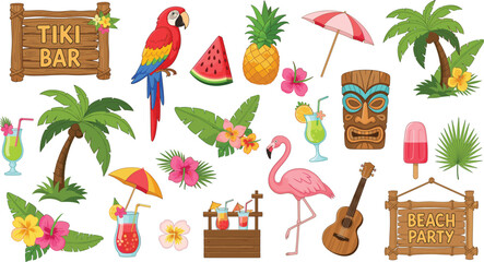 Large set of tropical beach party elements featuring tiki bar sign palm trees colorful cocktails flamingo parrot and exotic flowers vector illustration