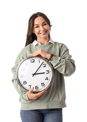 Young woman with clock on white background. Time management concept