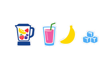 A set of colorful flat icons featuring a blender with fruit, a pink smoothie glass with a straw, a yellow banana, and blue ice cubes, all isolated on a black background.